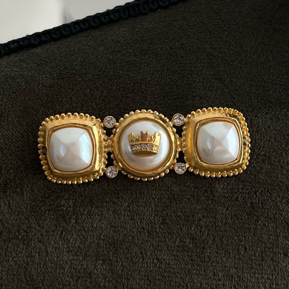 Vintage Fendi Crown Logo Faux Pearl Rhinestone Gold Bar Brooch Collectible